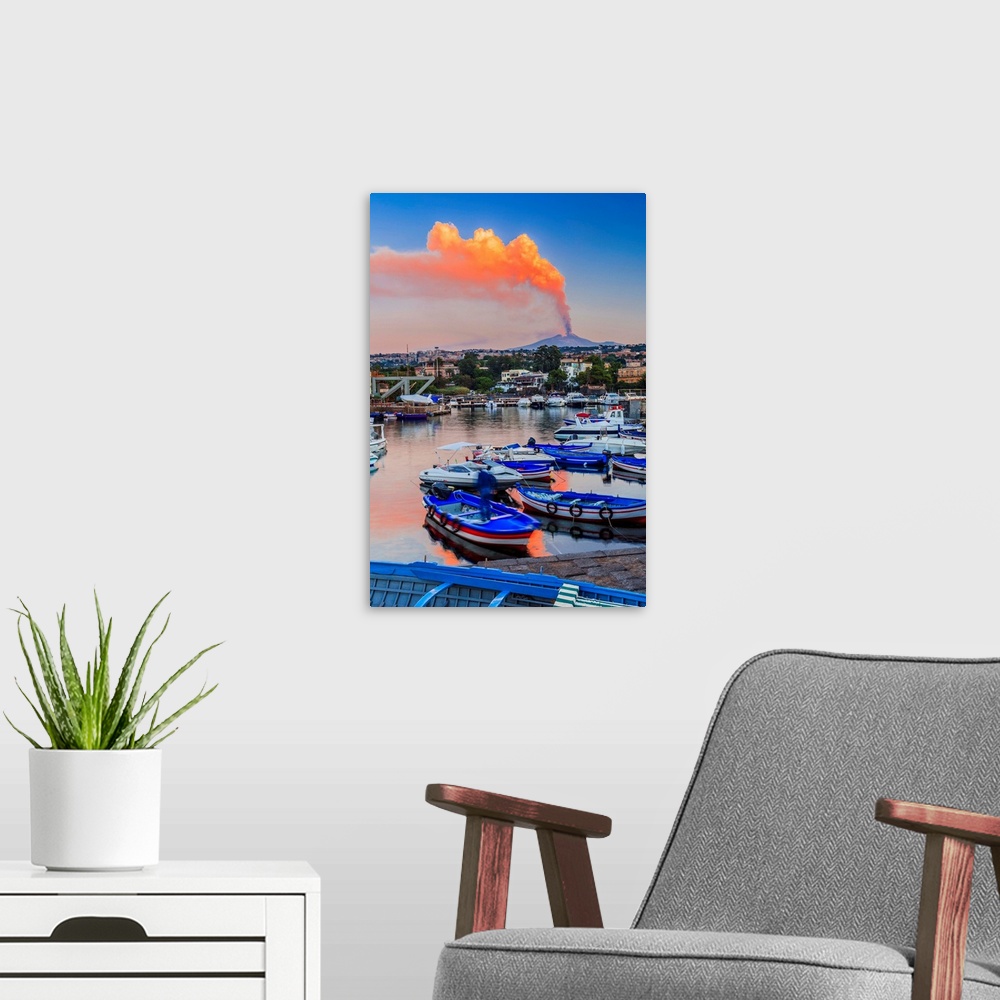 A modern room featuring Italy, Sicily, Mediterranean area, Catania district, Ognina, Harbor and erupting Mount Etna (26 O...