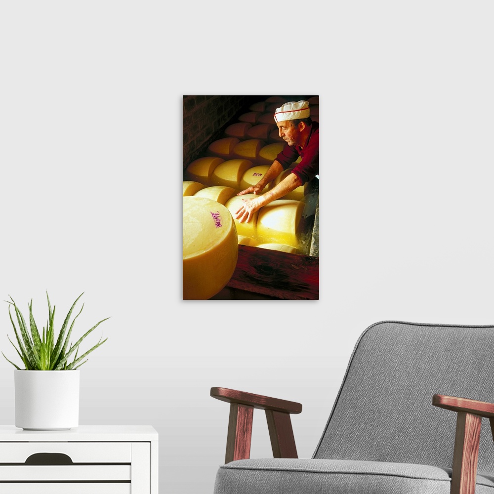 A modern room featuring Italy, Parma district, Parmigiano Reggiano, shapes in tub of salting