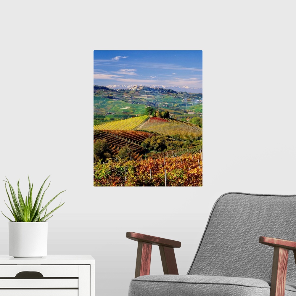 A modern room featuring Italy, Piedmont, Langhe, Barolo vineyards and La Morra village in background