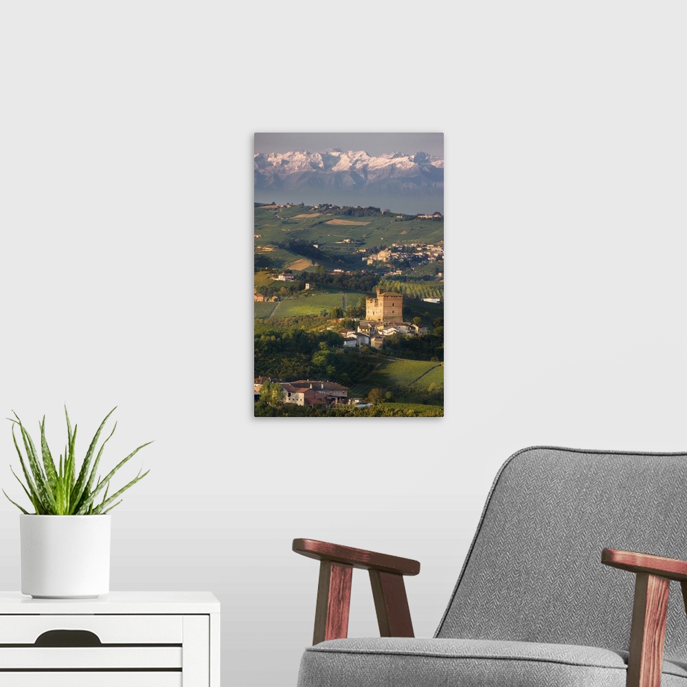 A modern room featuring Italy, Piedmont, Langhe, Grinzane Cavour, Castle, vineyards and Alps