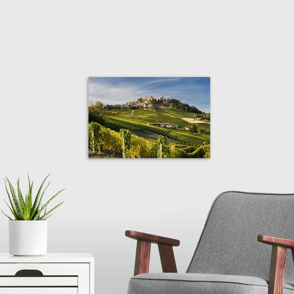 A modern room featuring Italy, Piedmont, Langhe, La Morra, Cuneo district, Vineyards and the village