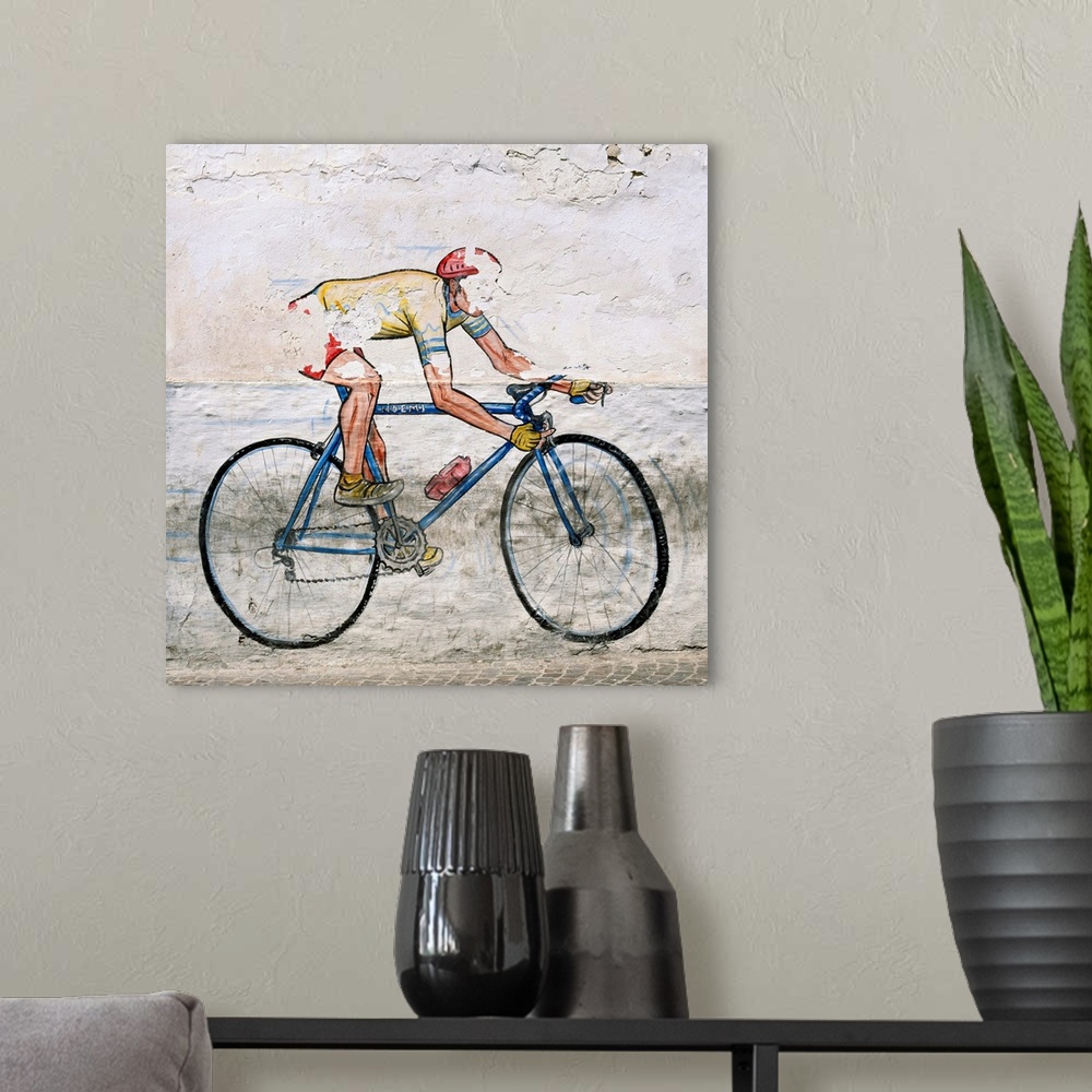 A modern room featuring Italy, Puglia, Gargano, Mural of a cyclist