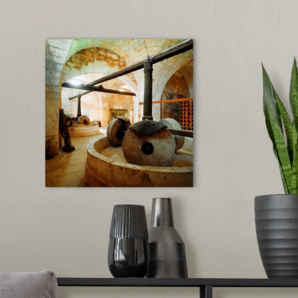 A modern room featuring Italy, Puglia, Santa Maria di Cerrate abbey, oil press