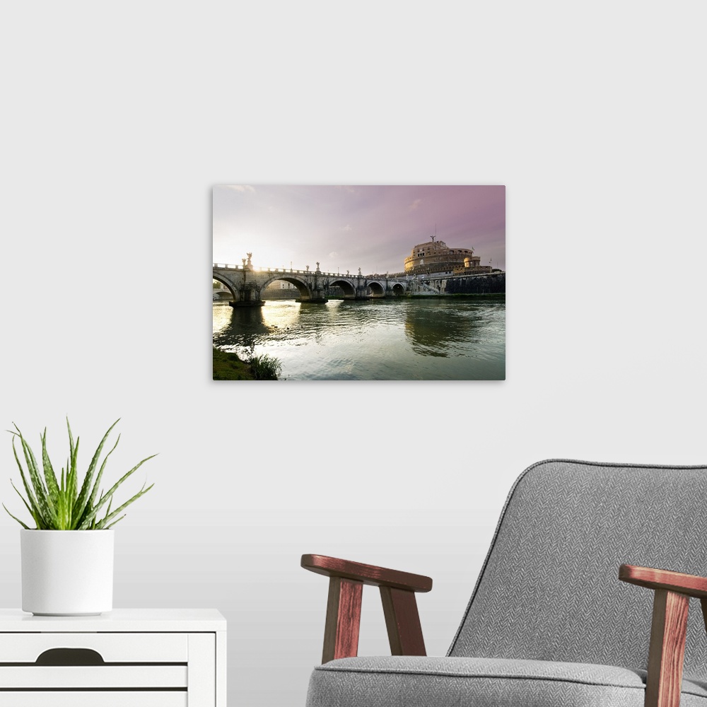A modern room featuring Italy, Rome, Mausoleum of Hadrian, Mediterranean area, Roma district, sunset on Tevere