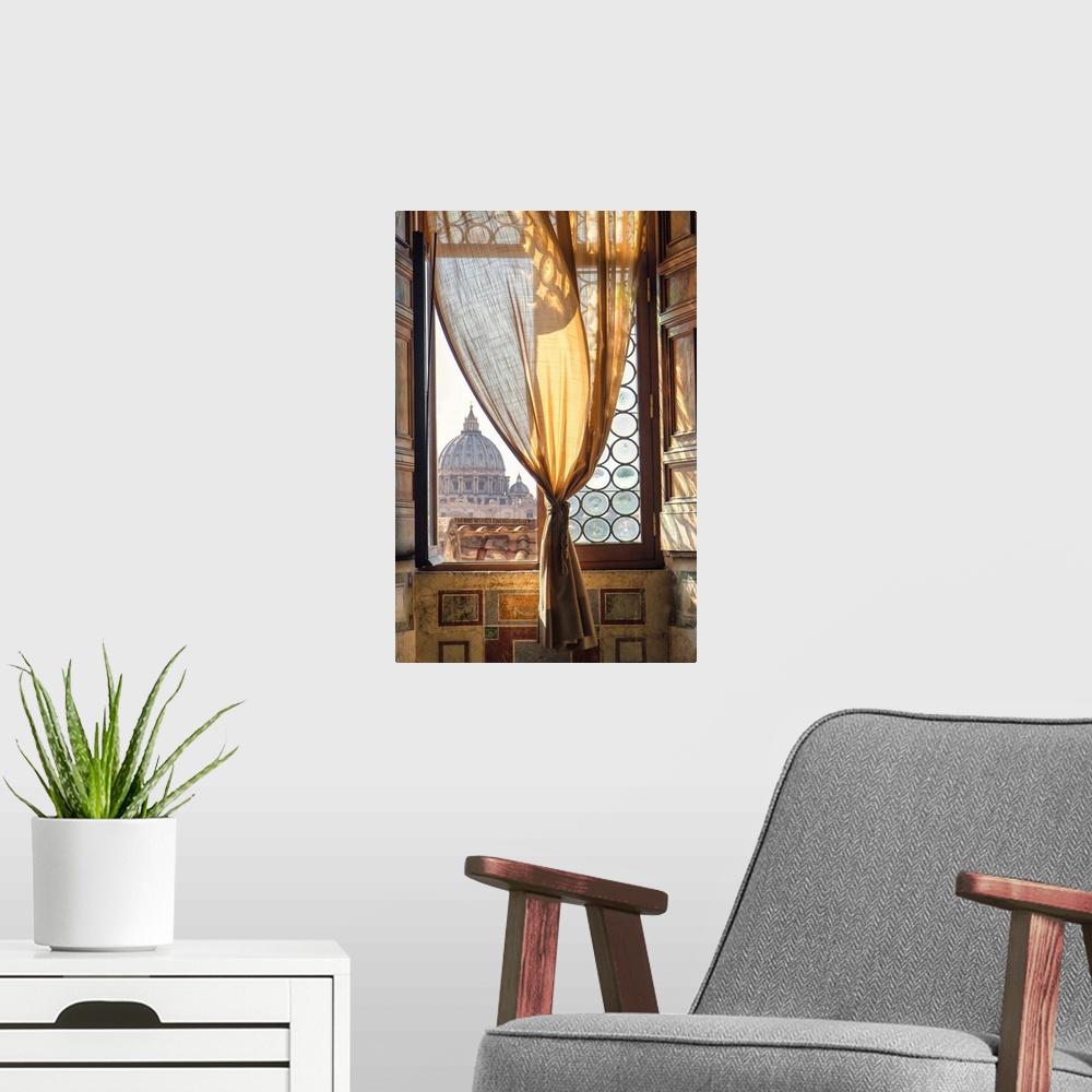 A modern room featuring Italy, Rome, Mausoleum of Hadrian, Window in Castel Sant'Angelo, view towards Saint Peter's Basil...