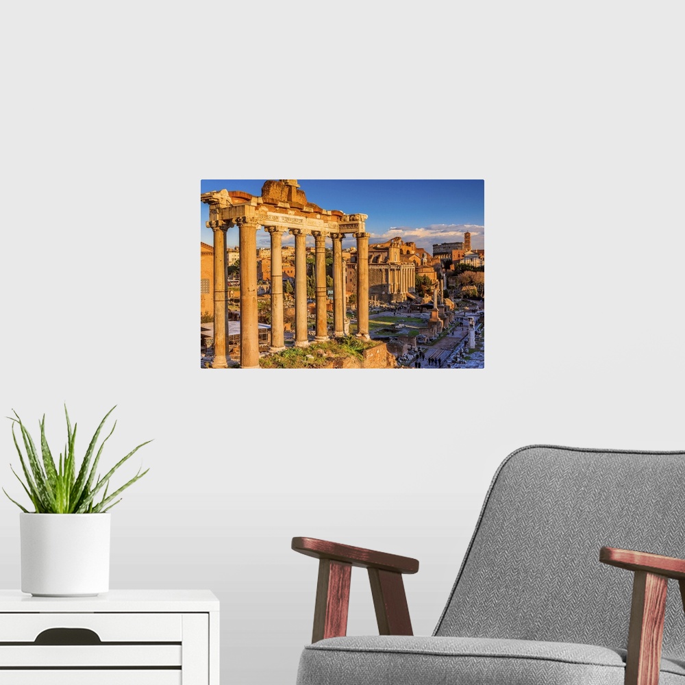 A modern room featuring Italy, Latium, Roma district, Rome, Roman Forum, Foro Romano Temple of Saturn, Coliseum in the ba...