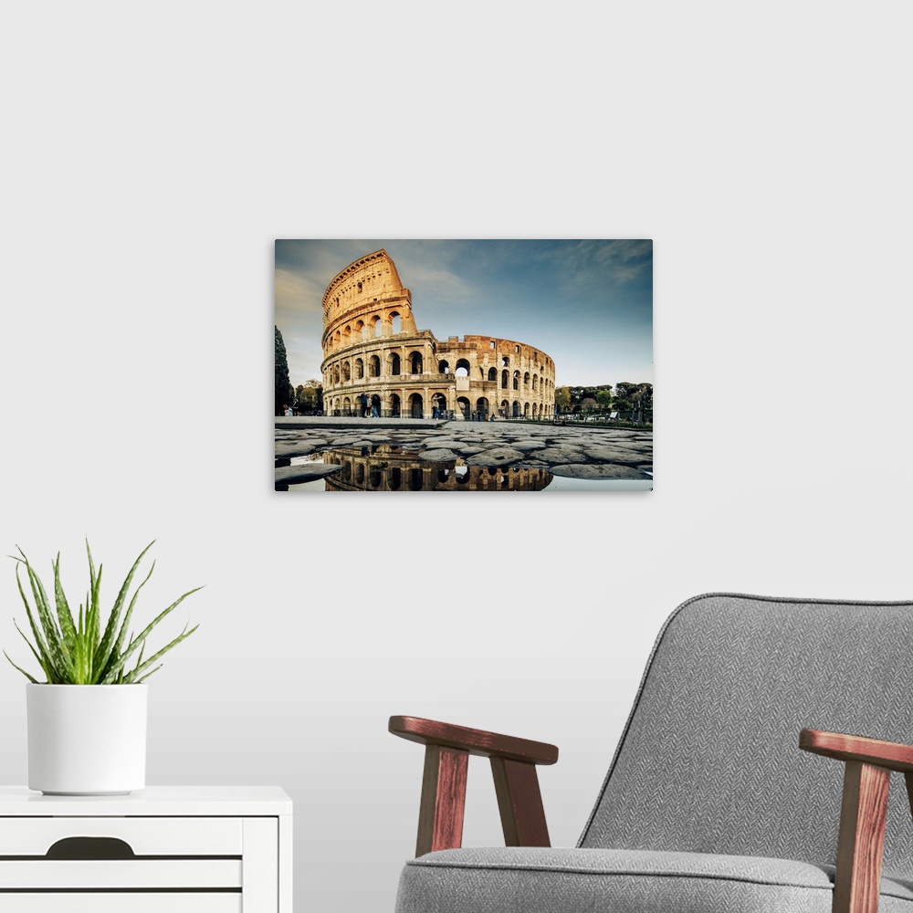 A modern room featuring Italy, Rome, Seven Hills of Rome, Colosseum with reflection.