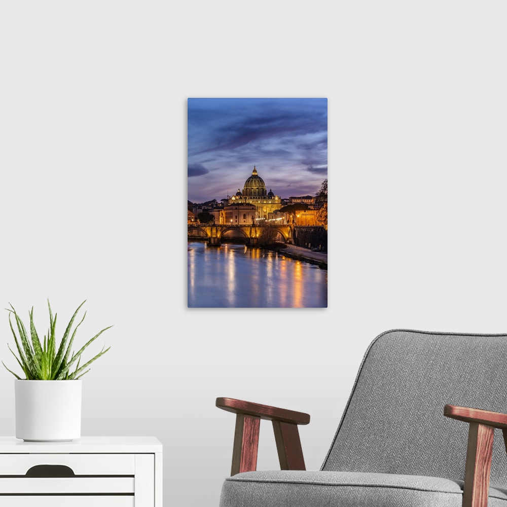 A modern room featuring Italy, Rome, St Peter's Basilica, Tiber, Basilica and Ponte Sant'Angelo on the Tiber river.