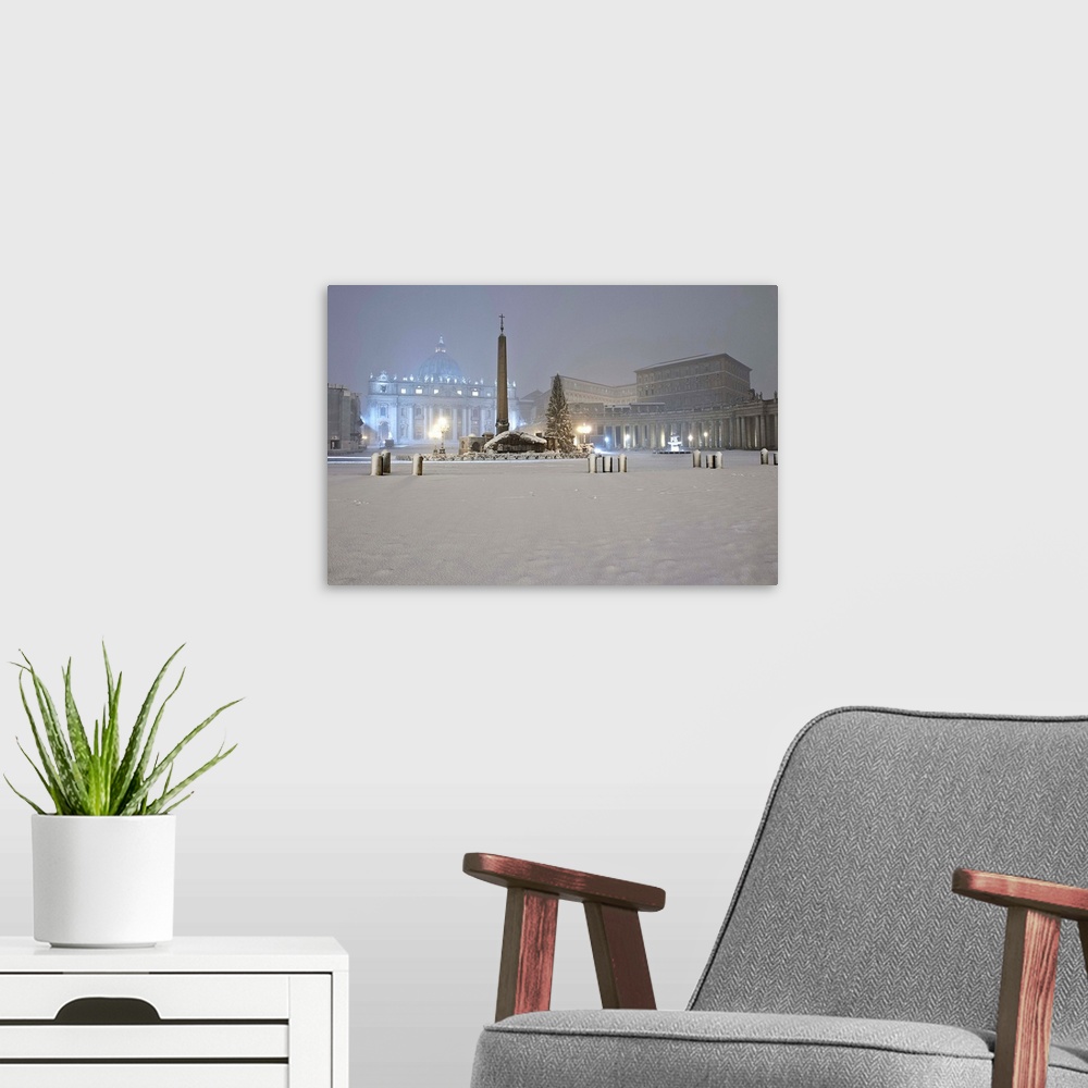 A modern room featuring Italy, Rome, St Peter's Basilica, Night view of the Square with snow.