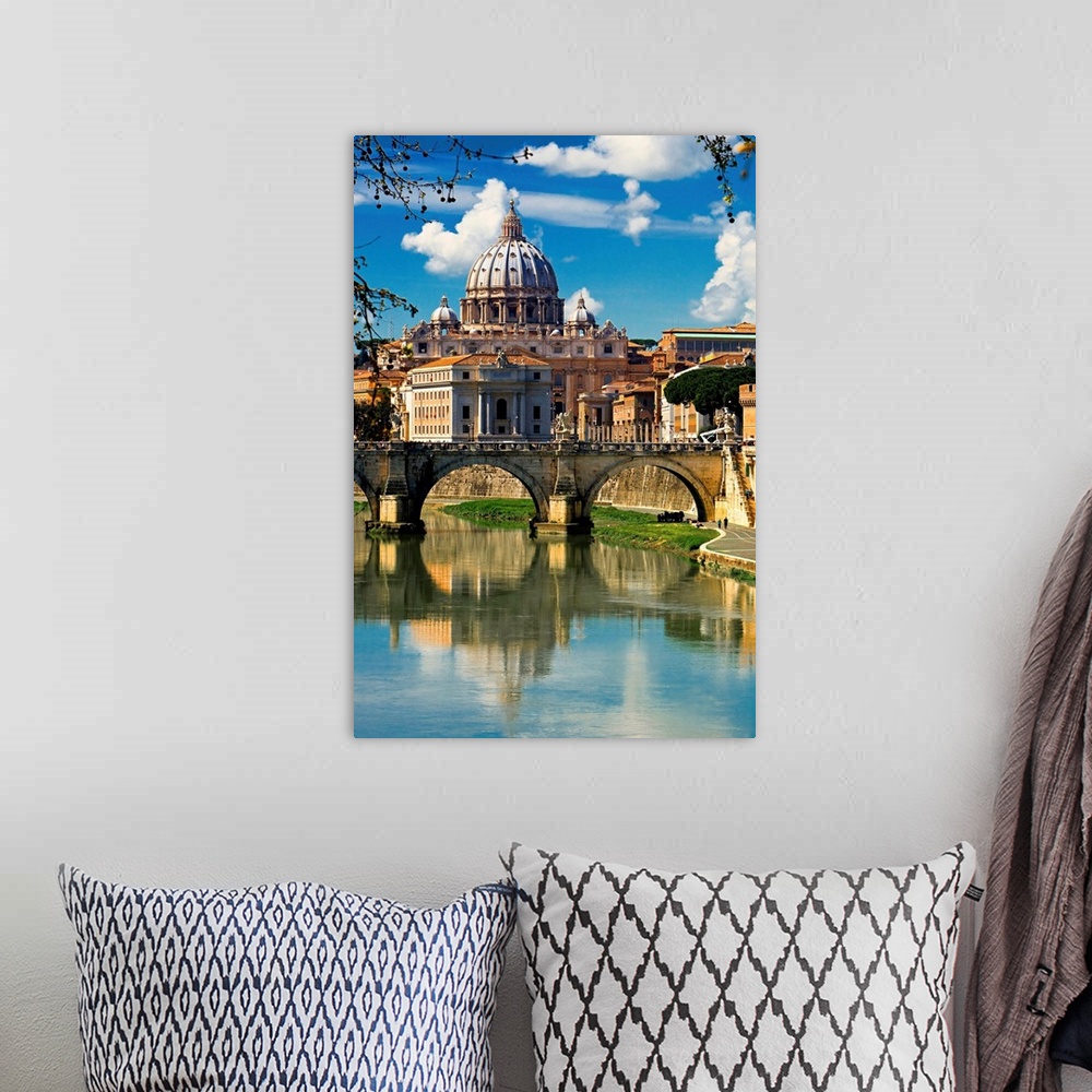A bohemian room featuring Italy, Rome, View of St Peter basilica trough St Angel Bridge on Tevere river