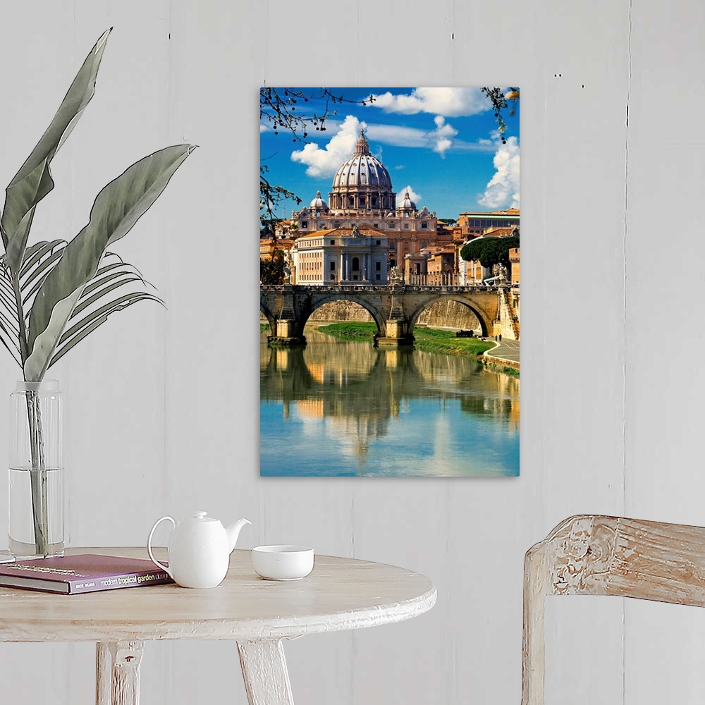 A farmhouse room featuring Italy, Rome, View of St Peter basilica trough St Angel Bridge on Tevere river