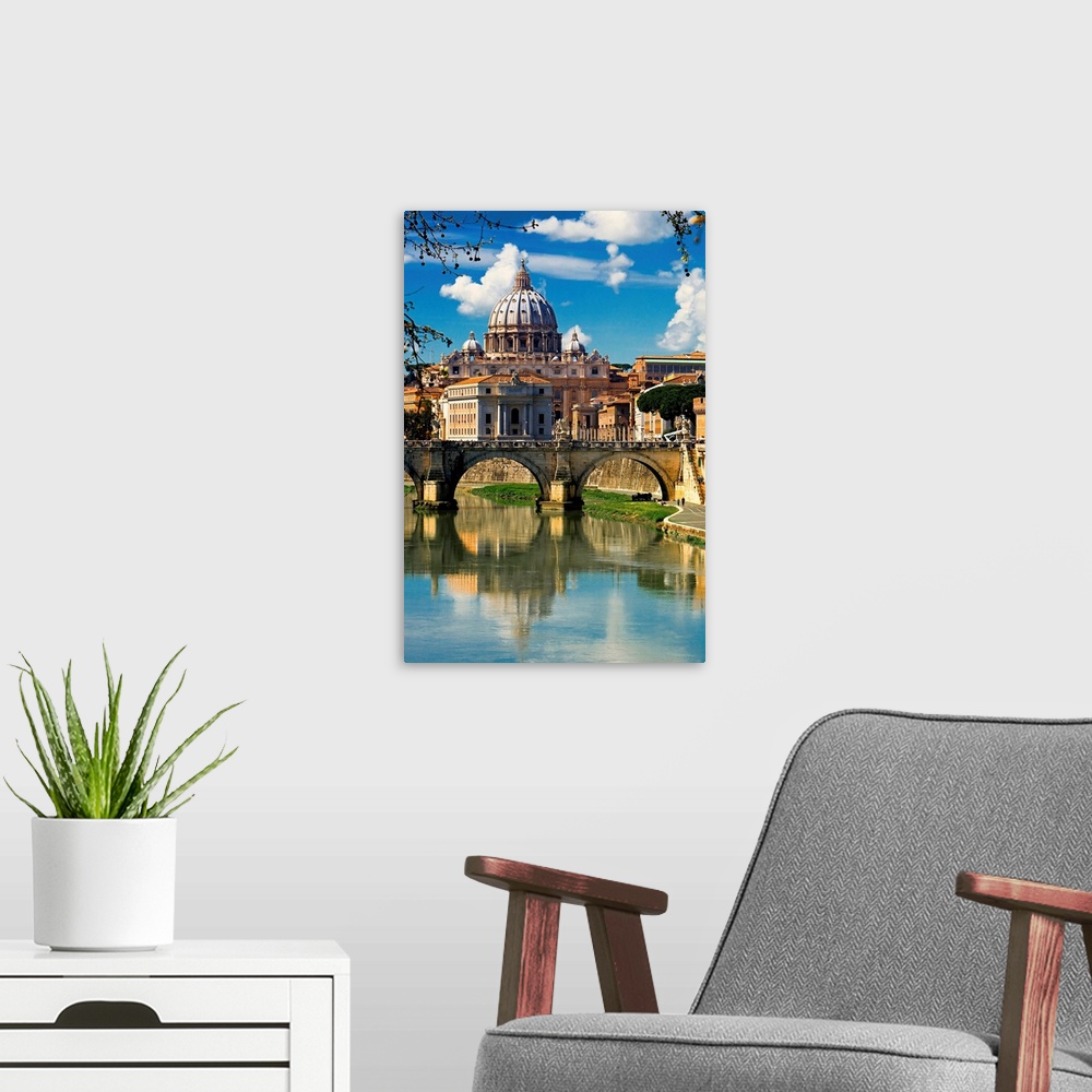 A modern room featuring Italy, Rome, View of St Peter basilica trough St Angel Bridge on Tevere river