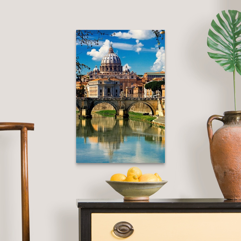 A traditional room featuring Italy, Rome, View of St Peter basilica trough St Angel Bridge on Tevere river