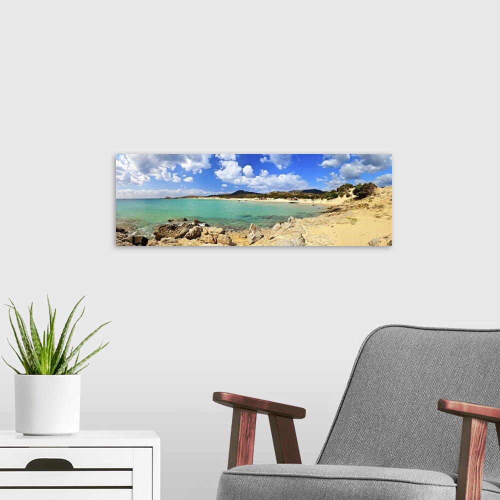 A modern room featuring Italy, Sardinia, Costa del Sud, Chia, Panoramic view of the beach of Su Giudeu