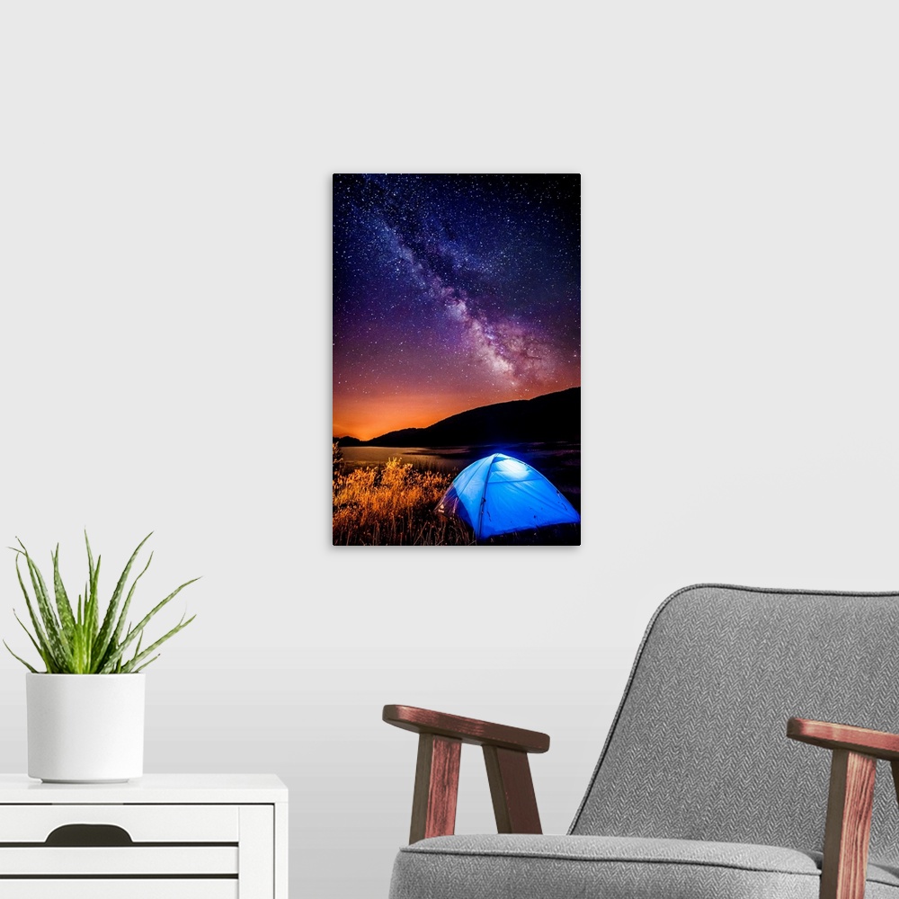 A modern room featuring Italy, Sicily, Biviere di Cesaro, Biviere Lake, Mount Etna in the background and the Milky Way.