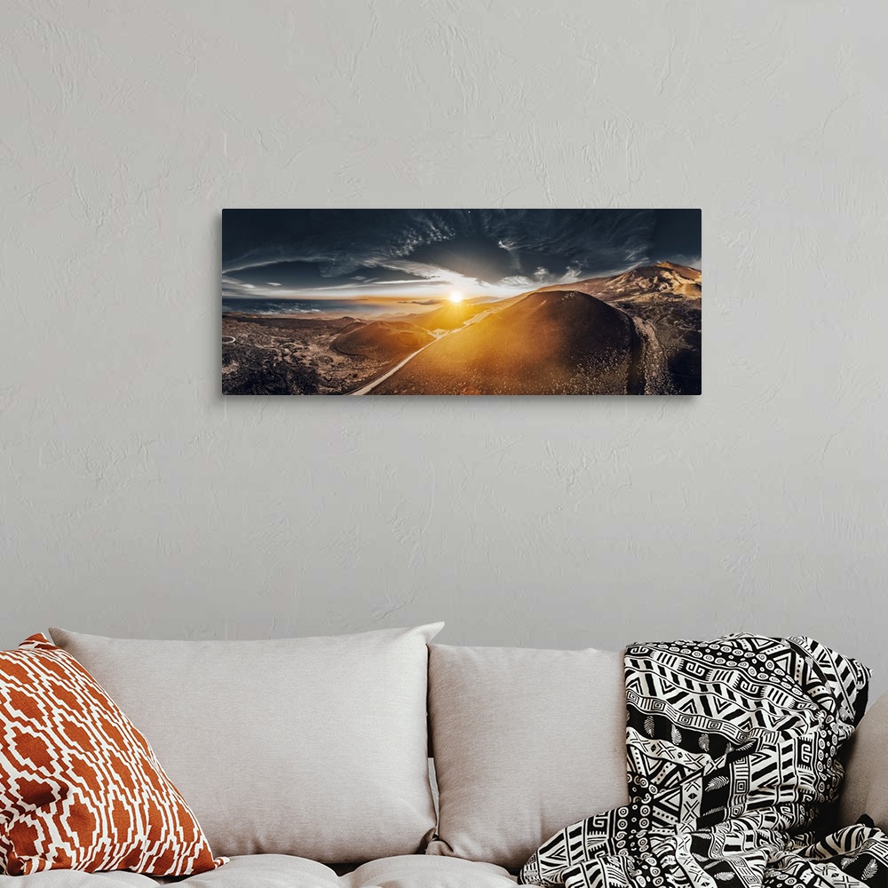 A bohemian room featuring Italy, Sicily, Catania district, Mount Etna, Silvestri craters at sunset.