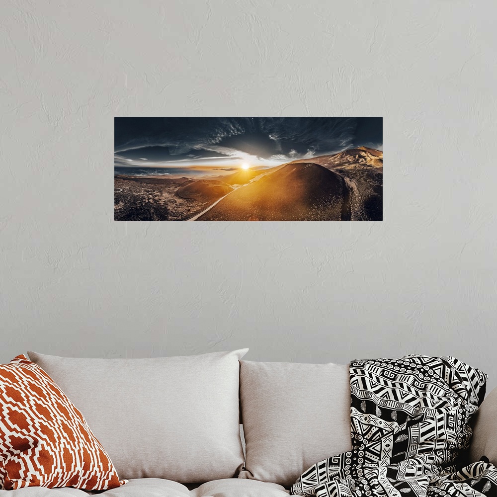 A bohemian room featuring Italy, Sicily, Catania district, Mount Etna, Silvestri craters at sunset.