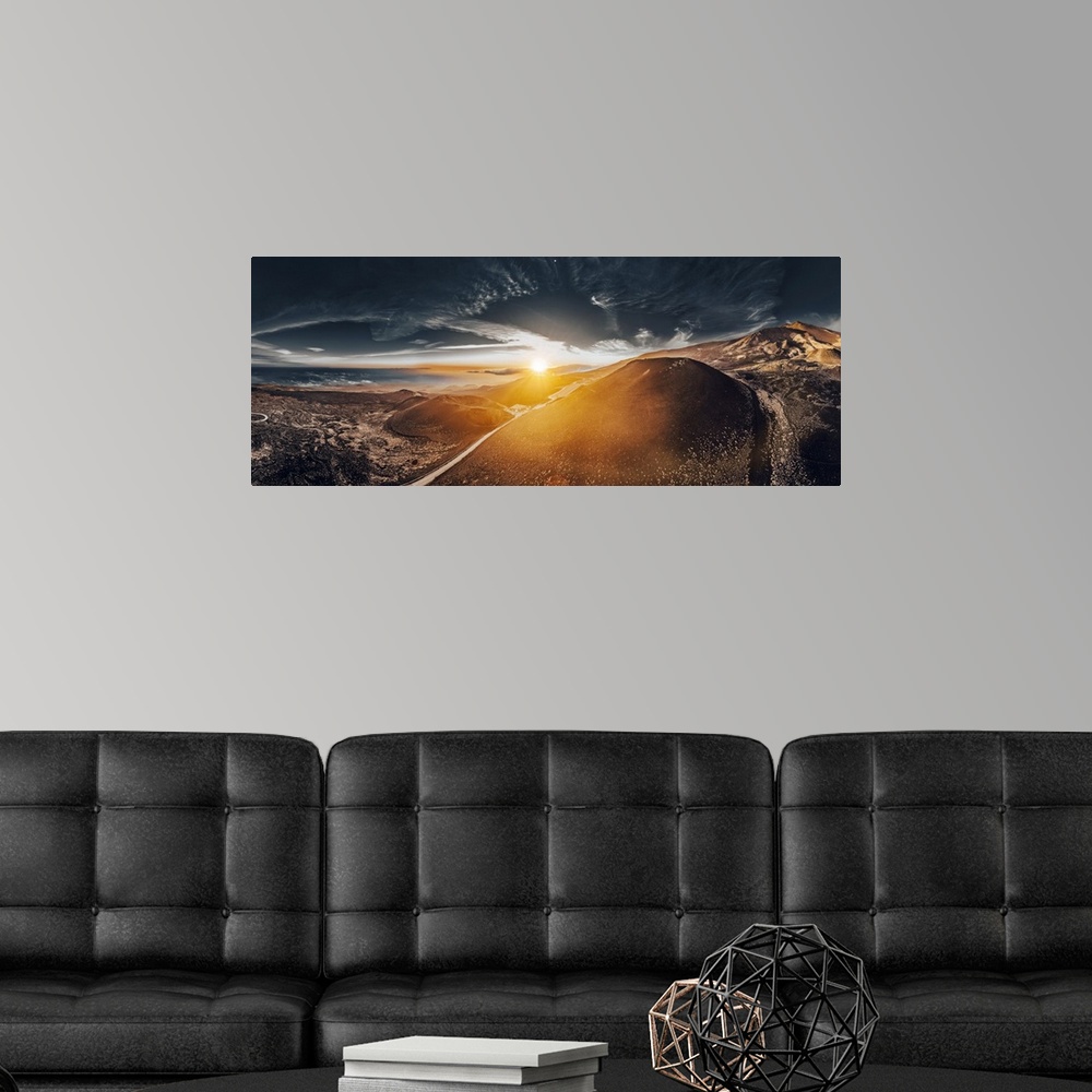 A modern room featuring Italy, Sicily, Catania district, Mount Etna, Silvestri craters at sunset.