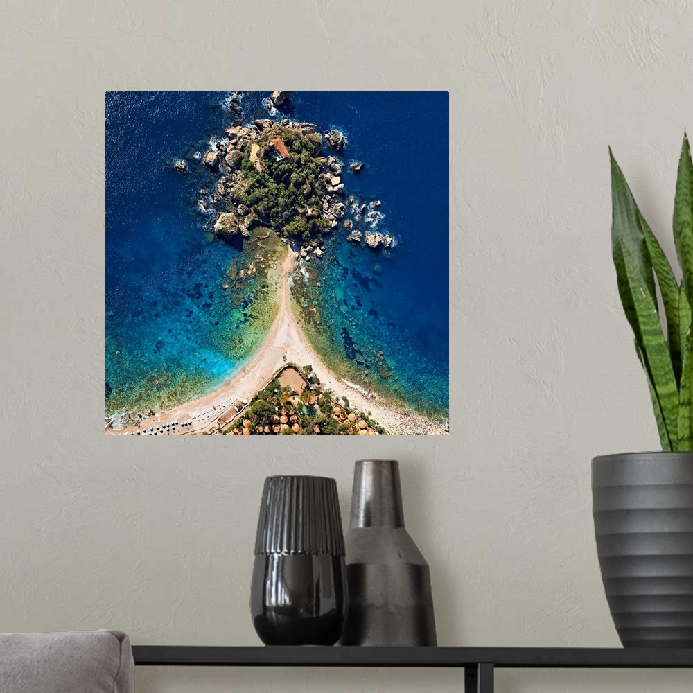 A modern room featuring Italy, Sicily, Mediterranean sea, Messina district, Taormina, Isola Bella, aerial view