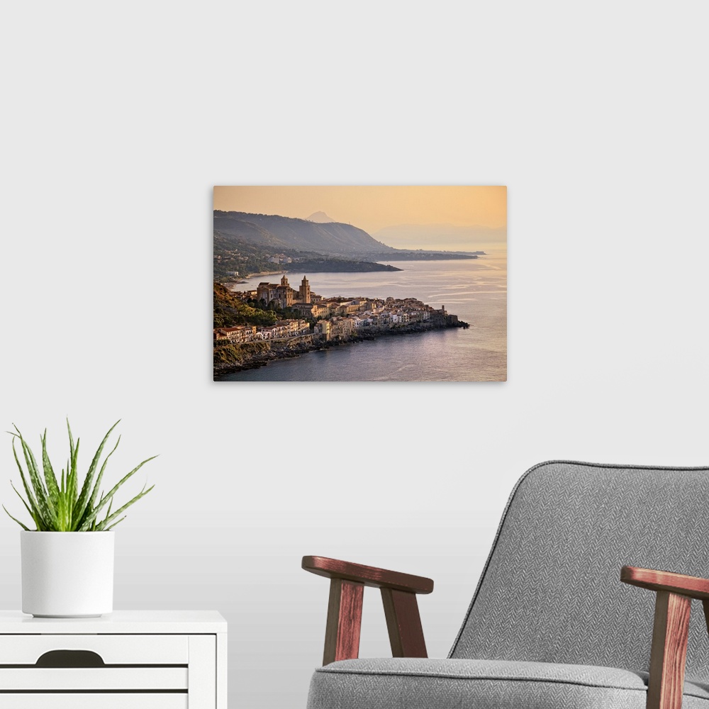 A modern room featuring Italy, Sicily, Mediterranean sea, Palermo district, Cefalu, Aerial view