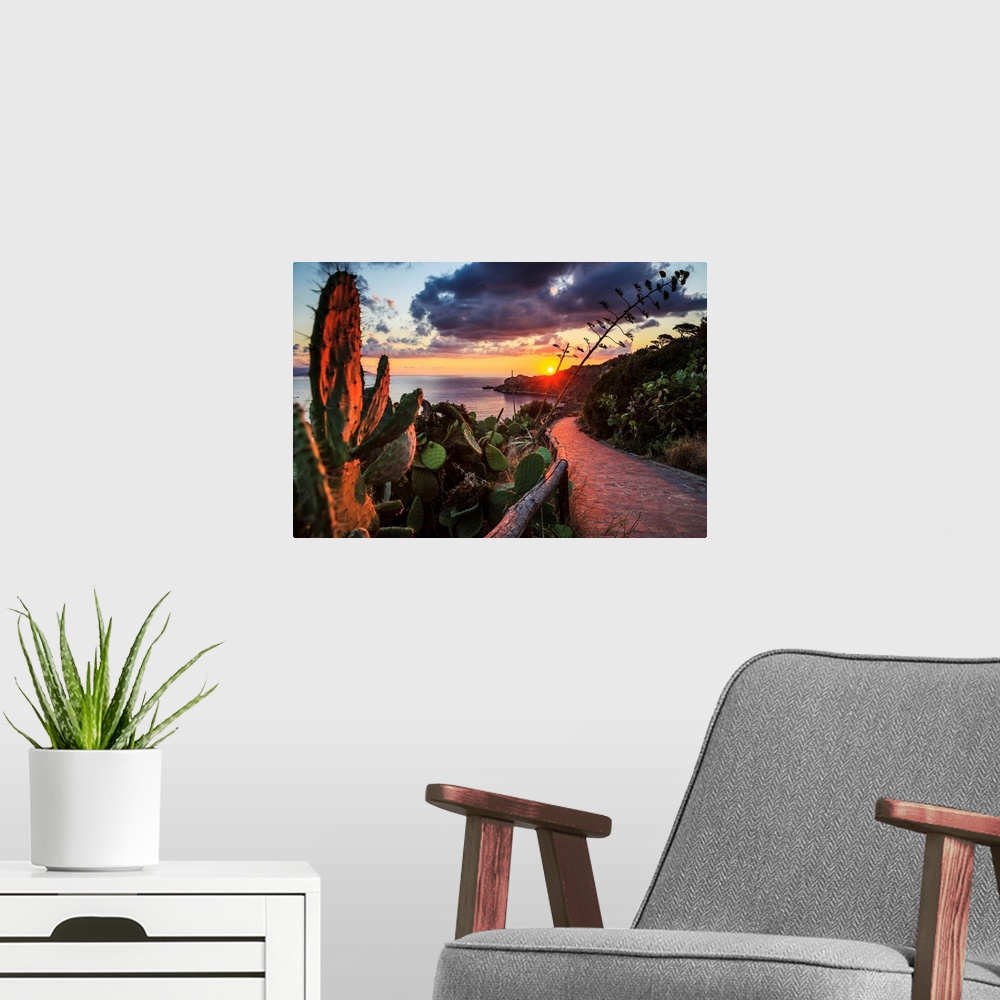 A modern room featuring Italy, Sicily, Messina district, Mediterranean sea, Milazzo, Milazzo cape at sunset.