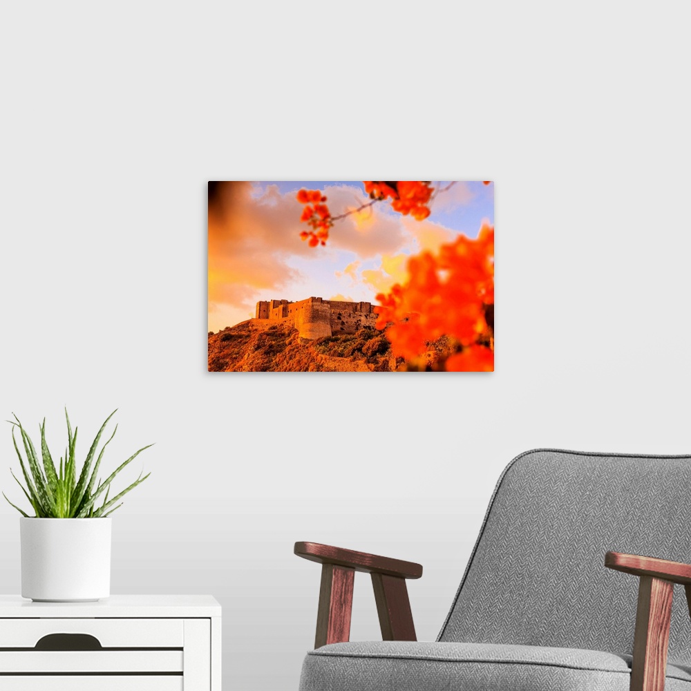 A modern room featuring Italy, Sicily, Messina district, Milazzo, Castle at sunset.