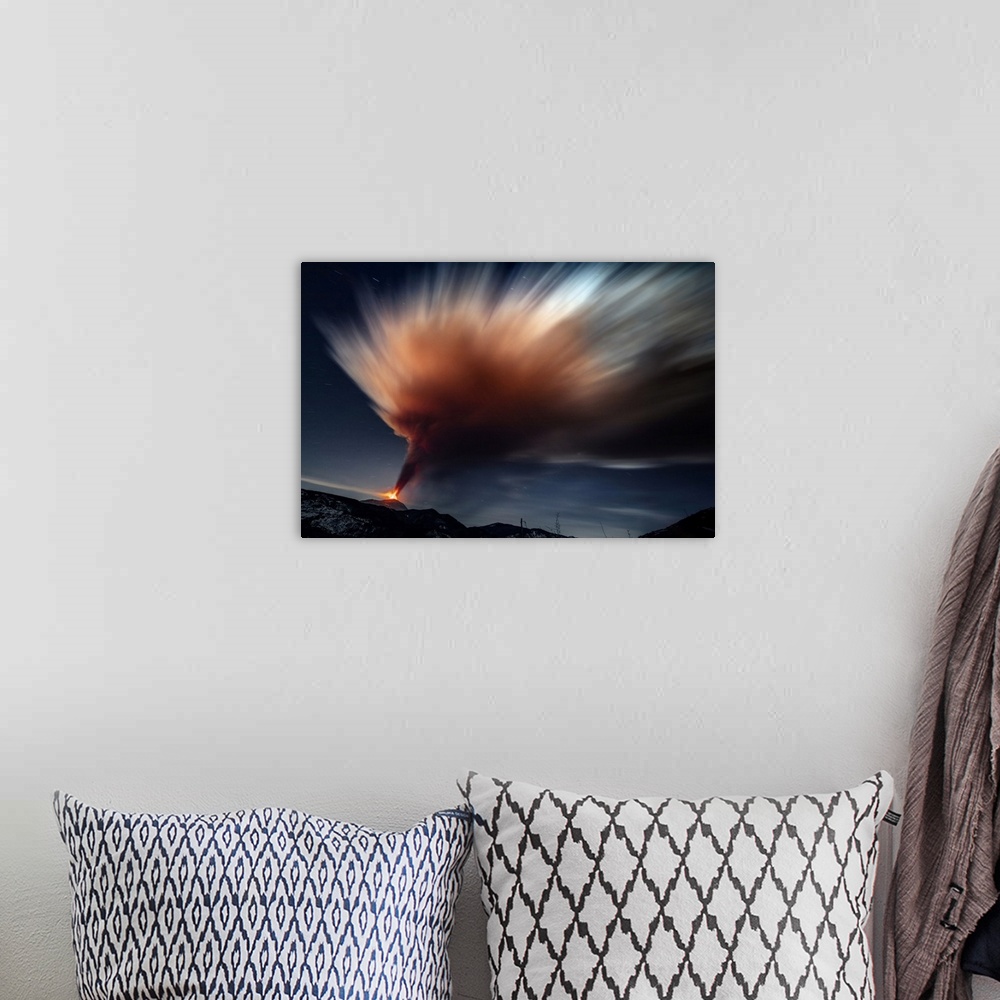 A bohemian room featuring Italy, Sicily, Messina district, Mount Etna, Etna volcano eruption.