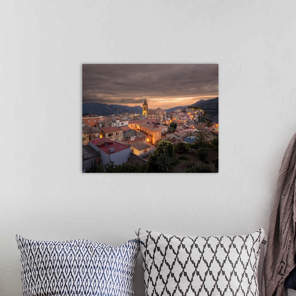 A bohemian room featuring Italy, Sicily, Messina district, Novara di Sicilia, Panoramic view of the town.