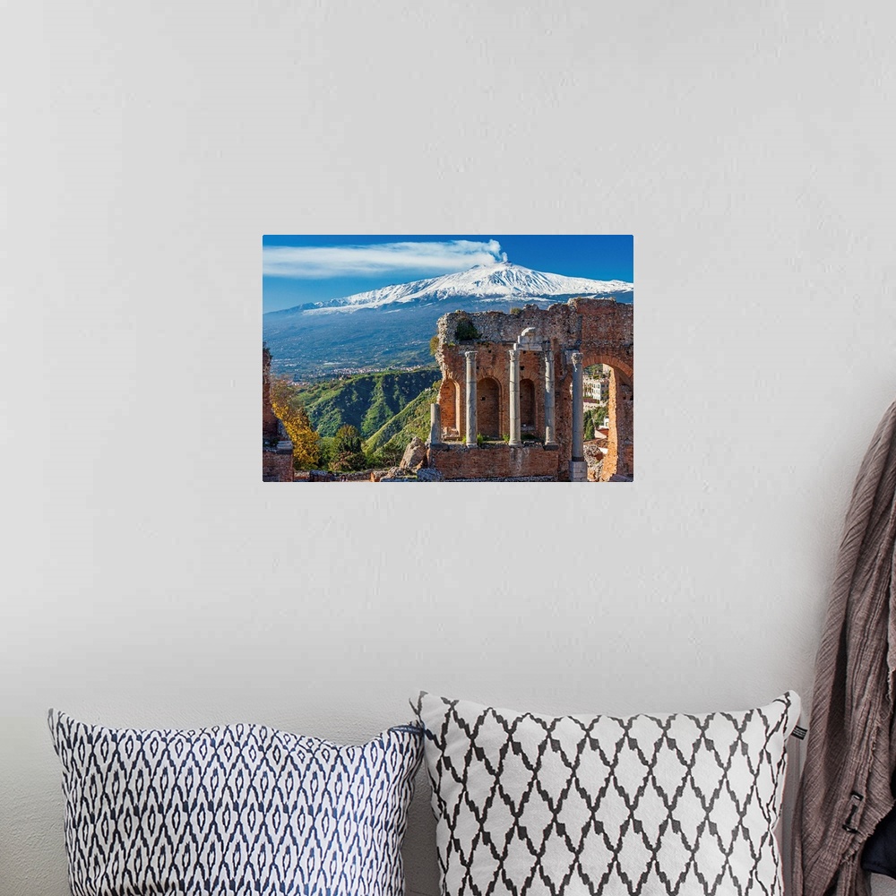 A bohemian room featuring Italy, Sicily, Messina district, Taormina, Greek Theatre and Mount Etna in background