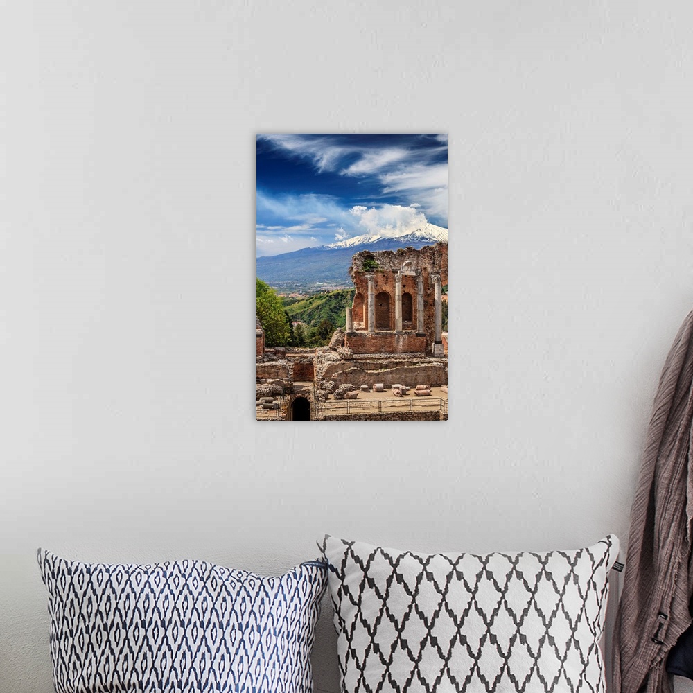 A bohemian room featuring Italy, Sicily, Messina district, Taormina, Greek theatre, Mount Etna in background