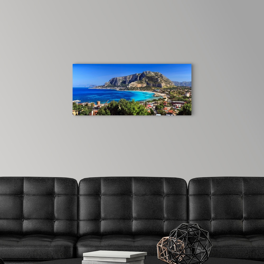 A modern room featuring Italy, Sicily, Mondello, beach, sea, and old center of mondello bay. monte pellegrino