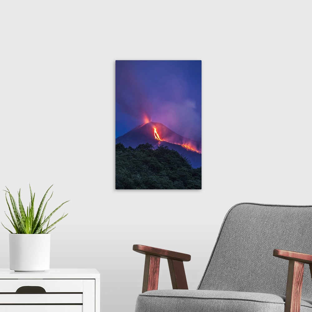A modern room featuring Italy, Sicily, Mediterranean area, Catania district, Mount Etna, South-east crater eruption at ni...