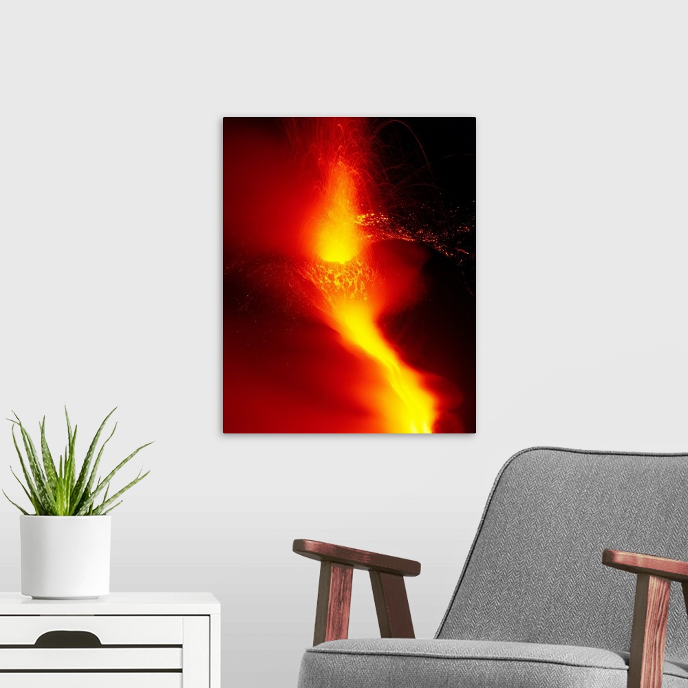 A modern room featuring Italy, Sicily, Mt. Etna in eruption