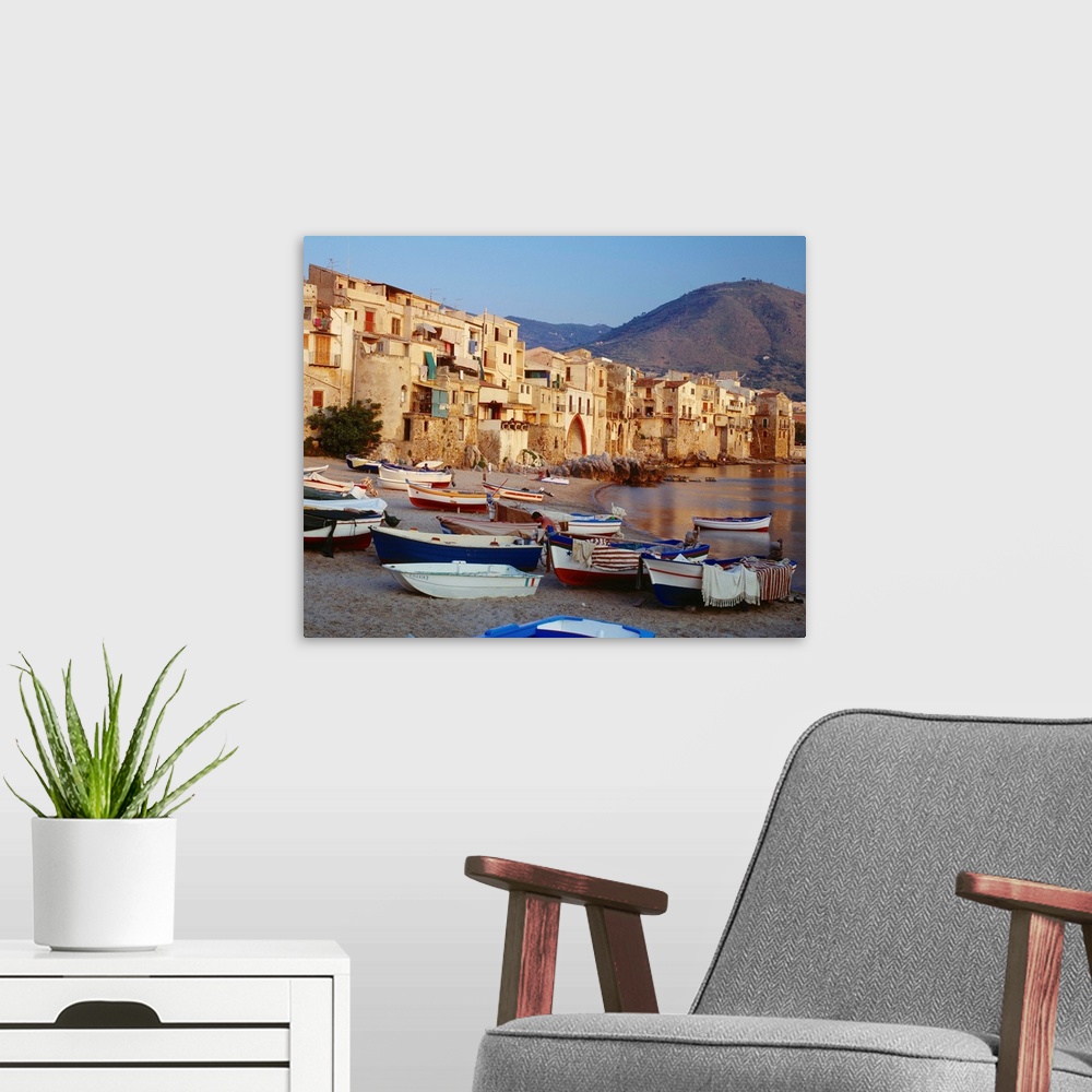 A modern room featuring Italy, Sicily, Palermo, Cefalu, view of the harbor