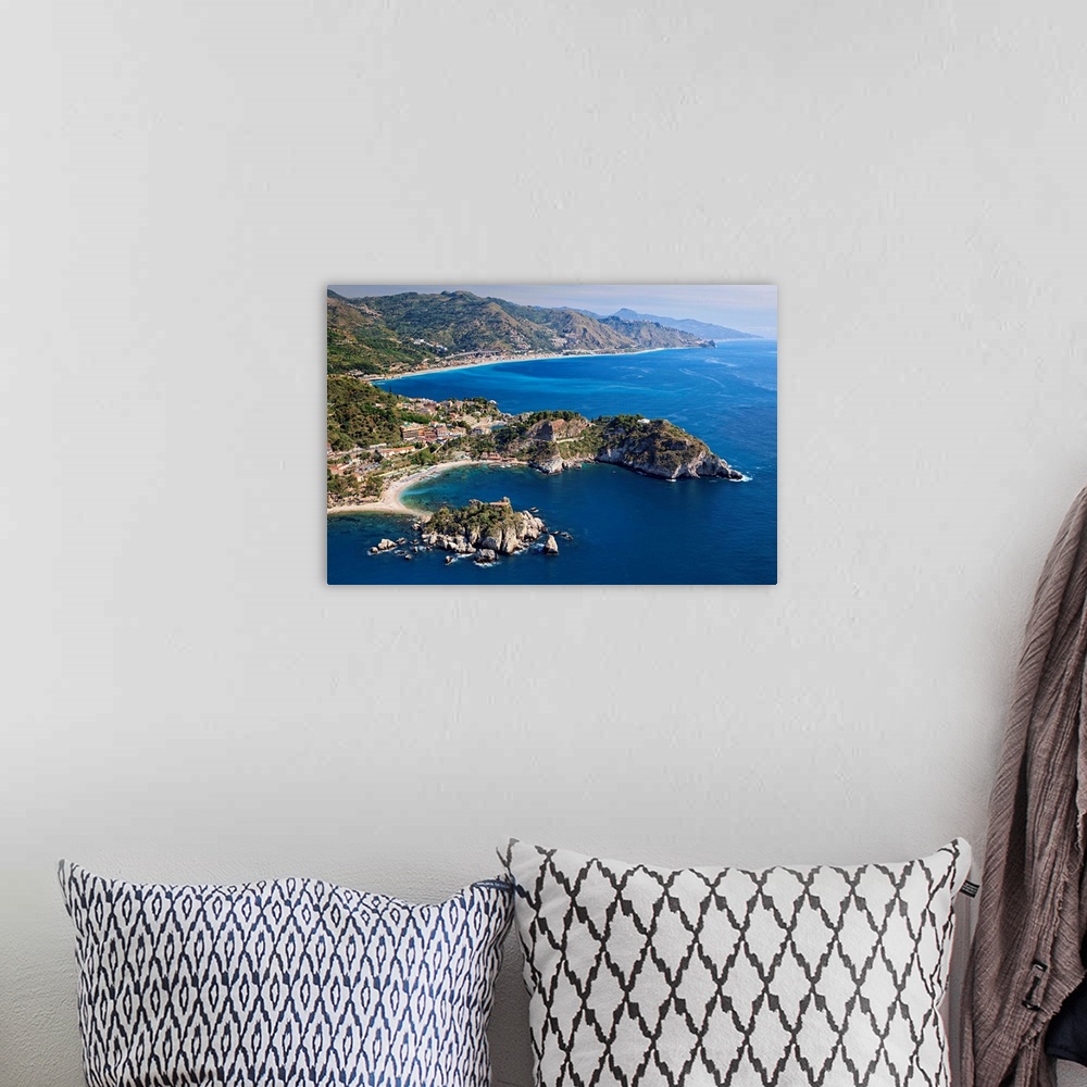 A bohemian room featuring Italy, Sicily, Mediterranean sea, Messina district, Taormina, Aerial view of Isola Bella and Sant...