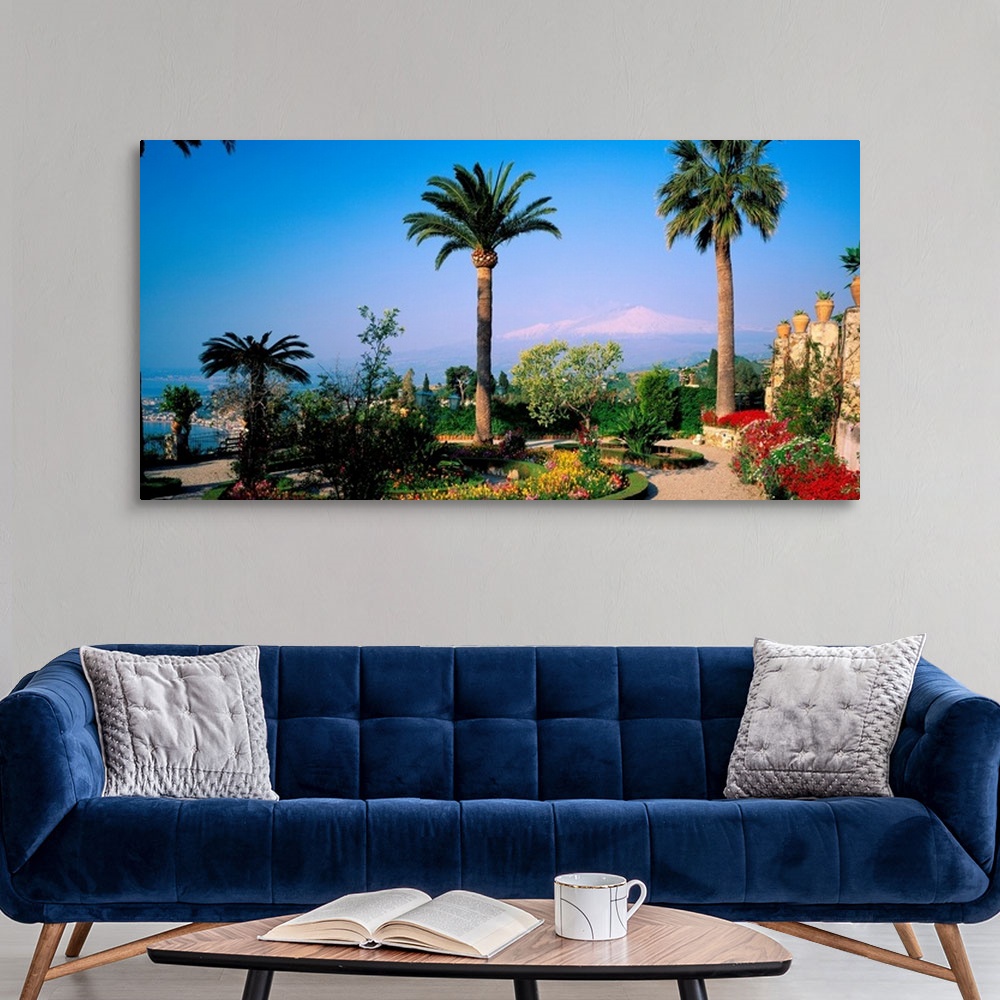A modern room featuring Italy, Sicily, Taormina, Garden and Mount Etna in background