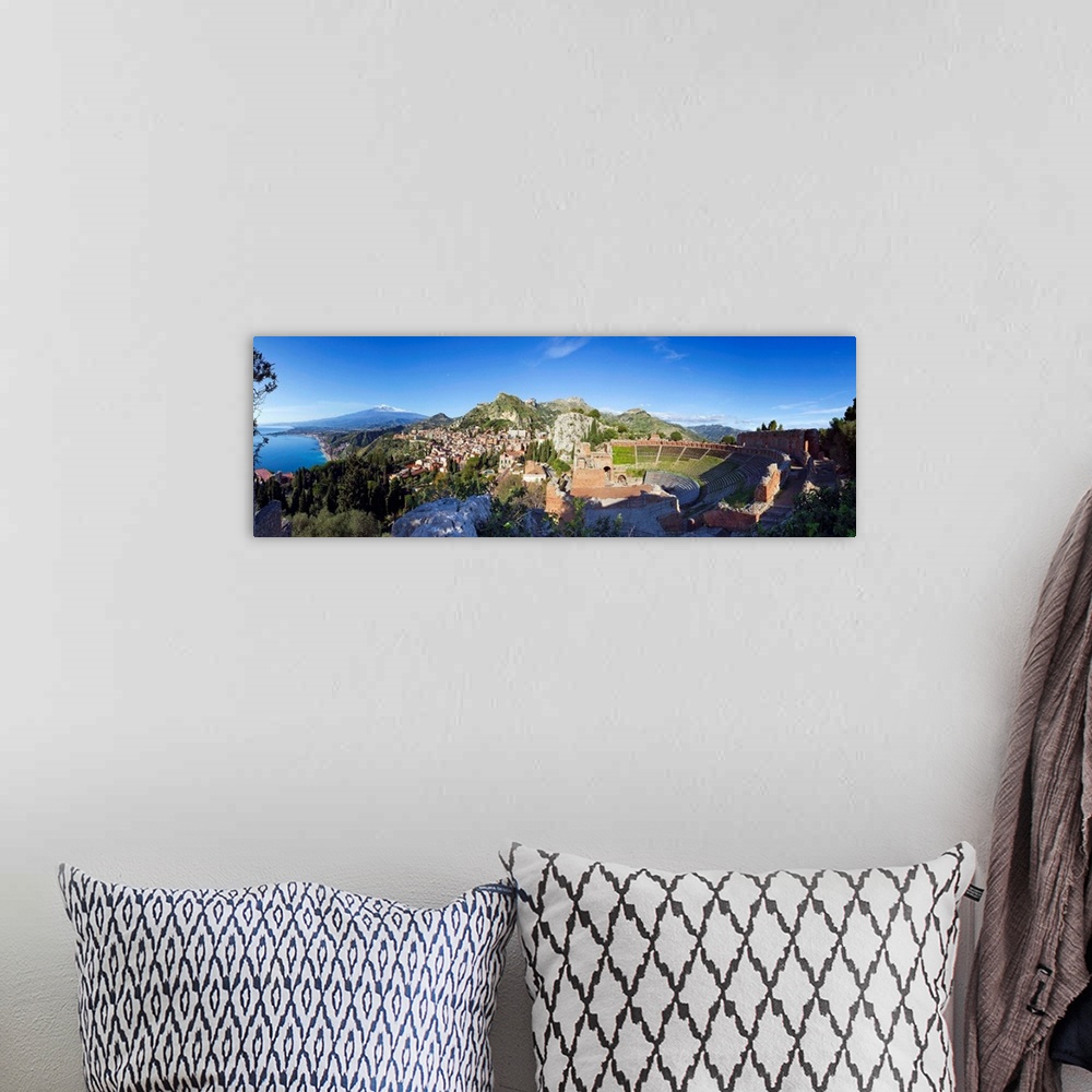 A bohemian room featuring Italy, Sicily, Taormina, Greek theatre and Mount Etna in background