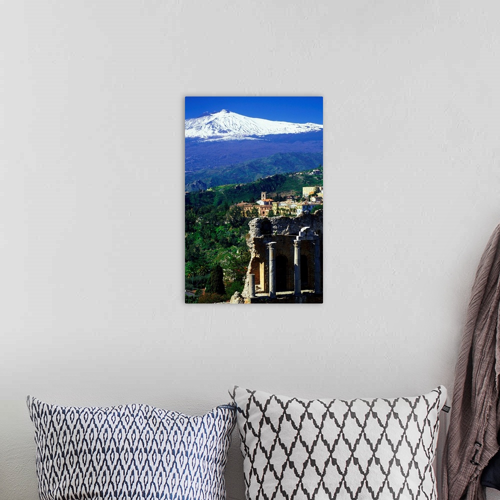 A bohemian room featuring Italy, Sicily, Taormina, Greek theatre, Mount Etna in background