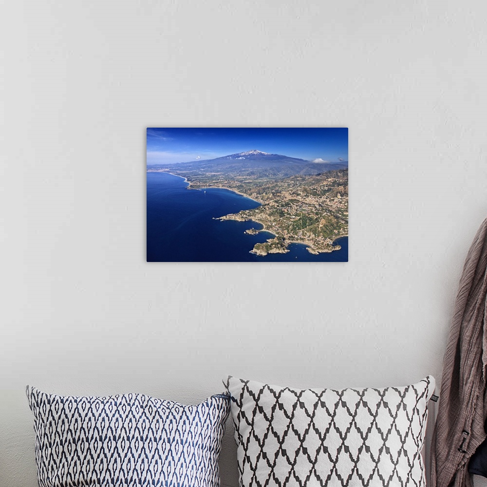 A bohemian room featuring Italy, Sicily, Mediterranean sea, Messina district, Taormina, Aerial view of Spisone bay, Sant'An...