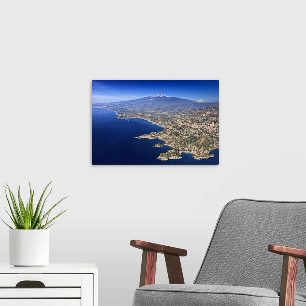 A modern room featuring Italy, Sicily, Mediterranean sea, Messina district, Taormina, Aerial view of Spisone bay, Sant'An...