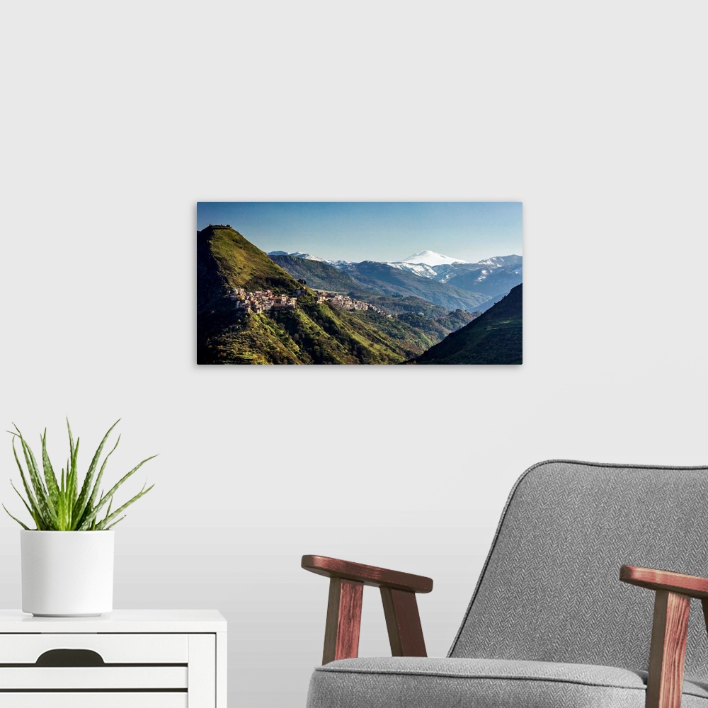 A modern room featuring Italy, Sicily, Tripi, Casale locality, the castle and Mount Etna in background.