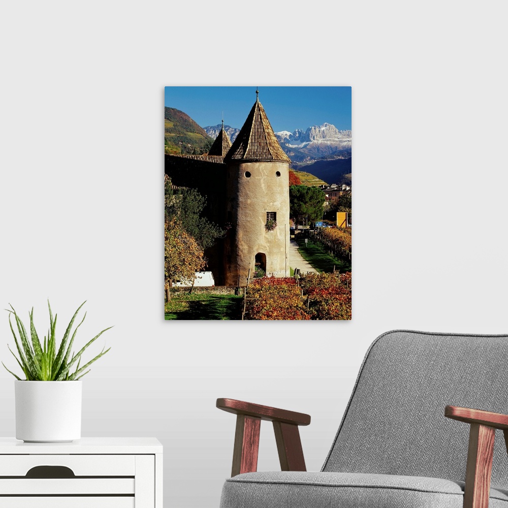 A modern room featuring Italy, Italia, Trentino-Alto Adige, South Tyrol, Bolzano, Bozen, Castel Mareccio and Catinaccio i...