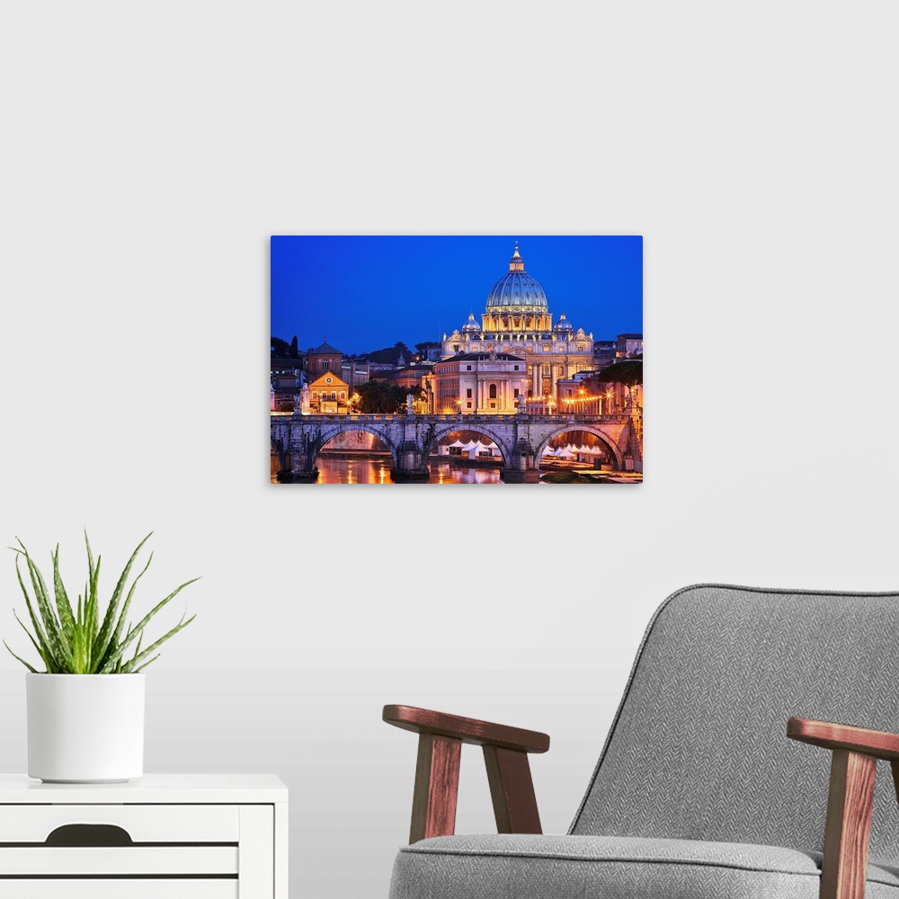 A modern room featuring Italy, Tiber, Tevere, Rome, St Peter's Basilica, View of the Basilica at night