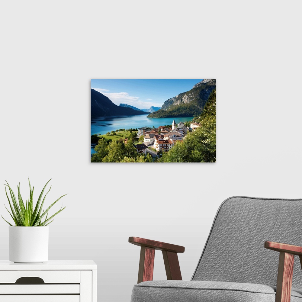 A modern room featuring Italy, Trentino, Alps, Val di Non, Molveno, View of Molveno lake and village