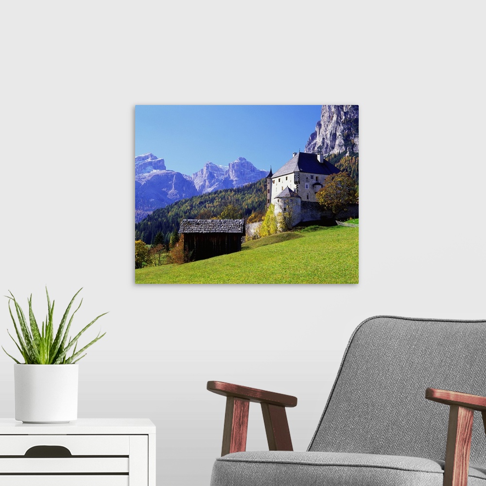 A modern room featuring Italy, Trentino-Alto Adige, Alps, Dolomites, Colz castle and Sella mountains
