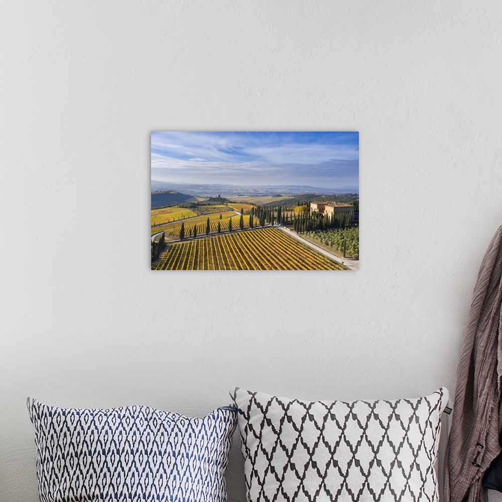 A bohemian room featuring Italy, Tuscany, Brunello wine road, Siena district, Orcia Valley, Montalcino, View of the Podere ...