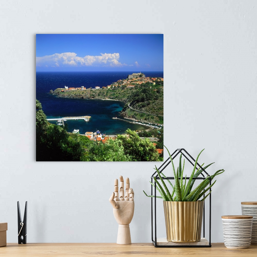 A bohemian room featuring Italy, Tuscany, Capraia, Capraia, view towards the town and the harbor