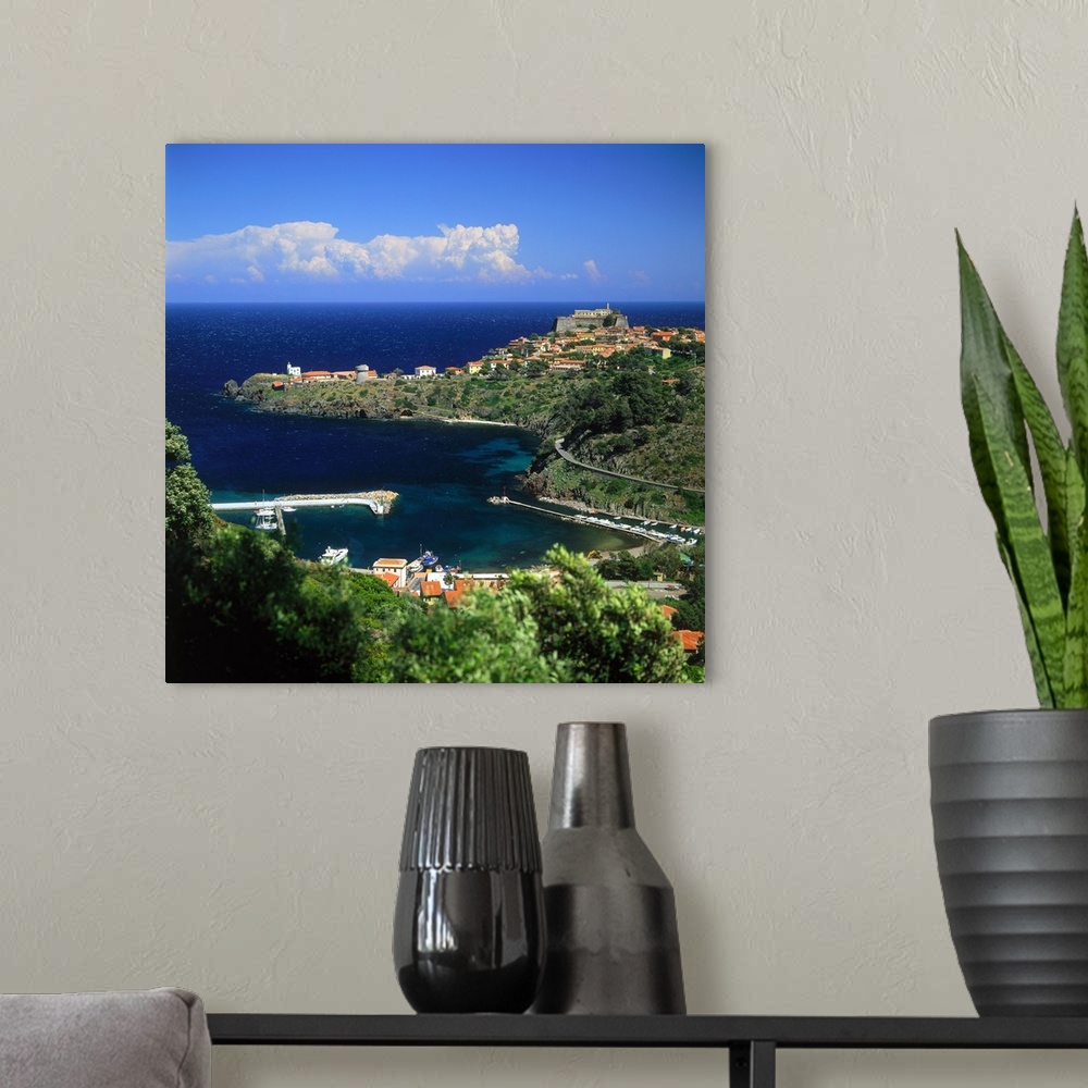 A modern room featuring Italy, Tuscany, Capraia, Capraia, view towards the town and the harbor