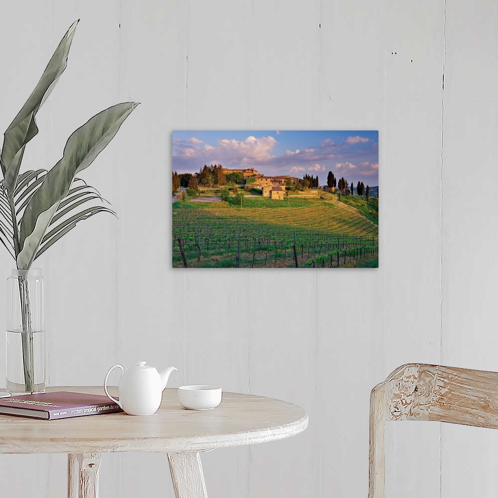 A farmhouse room featuring The medieval village of Montevecchi surrounded by vineyards, perched on a hill near Radda in Chia...