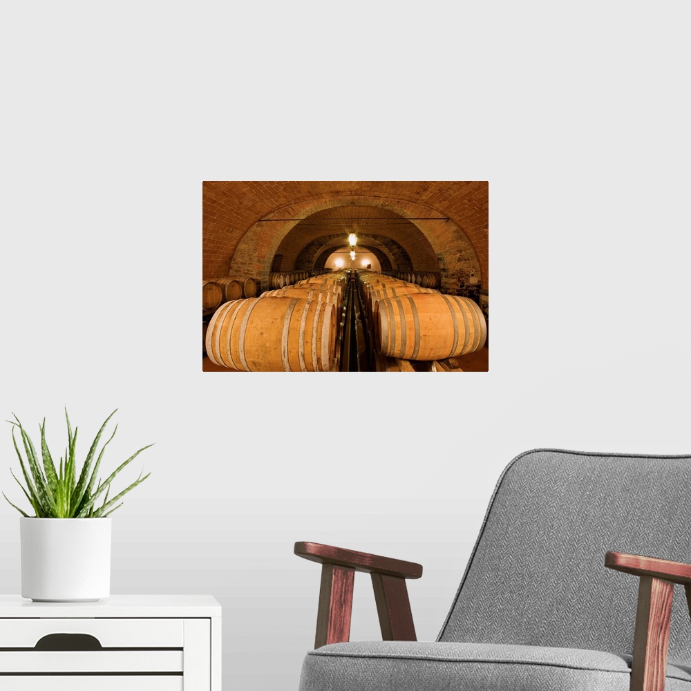 A modern room featuring One of the cellars of the Castello d'Albola, one of the biggest vineyards of the Chianti region, ...